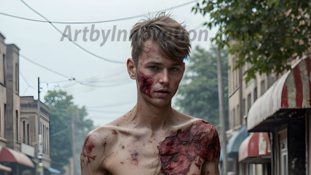 Twinkapocalypse, When Young Male Zombie Twinks, Attack. It's a zombie apocalypse, where young, handsome, freshly turned zombies, still handsome, and even sexy, wonder the city streets, looking for brains to eat. There are cars on fire, trash everywhere, chaos is in the amidst. A young man, covered with blood, dirty, with messy hair, with pale grey skin, dark circles around his eyes, and black lips, walking down a main city street. In this post-apocalyptic city, doing the classic, zombie walk, his head slightly tilted, mouth slightly opened, moaning, brains.