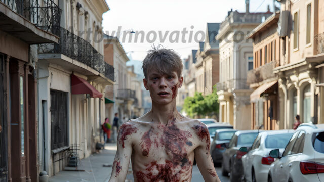 Twinkapocalypse, When Young Male Zombie Twinks, Attack. It's a zombie apocalypse, where young, handsome, freshly turned zombies, still handsome, and even sexy, wonder the city streets, looking for brains to eat. There are cars on fire, trash everywhere, chaos is in the amidst. A young man, covered with blood, dirty, with messy hair, with pale grey skin, dark circles around his eyes, and black lips, walking down a main city street. In this post-apocalyptic city, doing the classic, zombie walk, his head slightly tilted, mouth slightly opened, moaning, brains.
