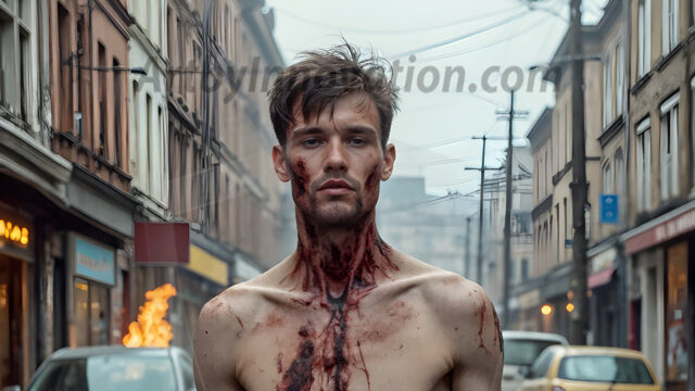 Twinkapocalypse, When Young Male Zombie Twinks, Attack. It's a zombie apocalypse, where young, handsome, freshly turned zombies, still handsome, and even sexy, wonder the city streets, looking for brains to eat. There are cars on fire, trash everywhere, chaos is in the amidst. A young man, covered with blood, dirty, with messy hair, with pale grey skin, dark circles around his eyes, and black lips, walking down a main city street. In this post-apocalyptic city, doing the classic, zombie walk, his head slightly tilted, mouth slightly opened, moaning, brains.