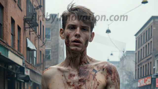 Twinkapocalypse, When Young Male Zombie Twinks, Attack. It's a zombie apocalypse, where young, handsome, freshly turned zombies, still handsome, and even sexy, wonder the city streets, looking for brains to eat. There are cars on fire, trash everywhere, chaos is in the amidst. A young man, covered with blood, dirty, with messy hair, with pale grey skin, dark circles around his eyes, and black lips, walking down a main city street. In this post-apocalyptic city, doing the classic, zombie walk, his head slightly tilted, mouth slightly opened, moaning, brains.