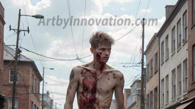 Twinkapocalypse, When Young Male Zombie Twinks, Attack. It's a zombie apocalypse, where young, handsome, freshly turned zombies, still handsome, and even sexy, wonder the city streets, looking for brains to eat. There are cars on fire, trash everywhere, chaos is in the amidst. A young man, covered with blood, dirty, with messy hair, with pale grey skin, dark circles around his eyes, and black lips, walking down a main city street. In this post-apocalyptic city, doing the classic, zombie walk, his head slightly tilted, mouth slightly opened, moaning, brains.