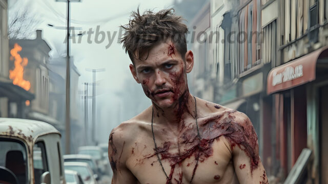 Twinkapocalypse, When Young Male Zombie Twinks, Attack. It's a zombie apocalypse, where young, handsome, freshly turned zombies, still handsome, and even sexy, wonder the city streets, looking for brains to eat. There are cars on fire, trash everywhere, chaos is in the amidst. A young man, covered with blood, dirty, with messy hair, with pale grey skin, dark circles around his eyes, and black lips, walking down a main city street. In this post-apocalyptic city, doing the classic, zombie walk, his head slightly tilted, mouth slightly opened, moaning, brains.