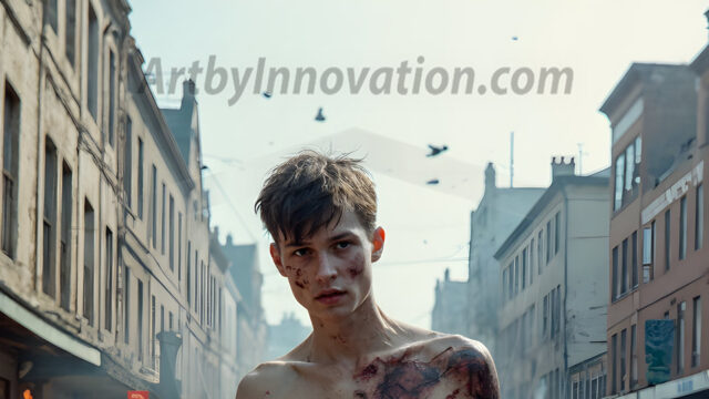 Twinkapocalypse, When Young Male Zombie Twinks, Attack. It's a zombie apocalypse, where young, handsome, freshly turned zombies, still handsome, and even sexy, wonder the city streets, looking for brains to eat. There are cars on fire, trash everywhere, chaos is in the amidst. A young man, covered with blood, dirty, with messy hair, with pale grey skin, dark circles around his eyes, and black lips, walking down a main city street. In this post-apocalyptic city, doing the classic, zombie walk, his head slightly tilted, mouth slightly opened, moaning, brains.