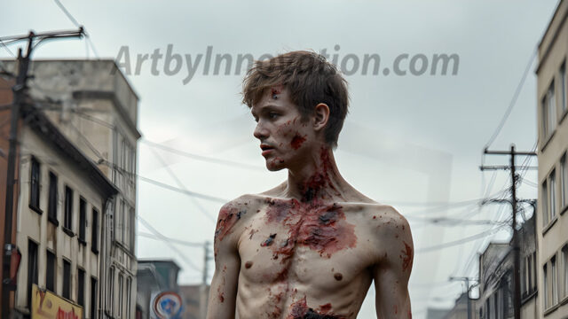 Twinkapocalypse, When Young Male Zombie Twinks, Attack. It's a zombie apocalypse, where young, handsome, freshly turned zombies, still handsome, and even sexy, wonder the city streets, looking for brains to eat. There are cars on fire, trash everywhere, chaos is in the amidst. A young man, covered with blood, dirty, with messy hair, with pale grey skin, dark circles around his eyes, and black lips, walking down a main city street. In this post-apocalyptic city, doing the classic, zombie walk, his head slightly tilted, mouth slightly opened, moaning, brains.