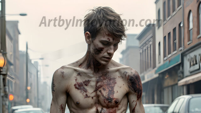 Twinkapocalypse, When Young Male Zombie Twinks, Attack. It's a zombie apocalypse, where young, handsome, freshly turned zombies, still handsome, and even sexy, wonder the city streets, looking for brains to eat. There are cars on fire, trash everywhere, chaos is in the amidst. A young man, covered with blood, dirty, with messy hair, with pale grey skin, dark circles around his eyes, and black lips, walking down a main city street. In this post-apocalyptic city, doing the classic, zombie walk, his head slightly tilted, mouth slightly opened, moaning, brains.