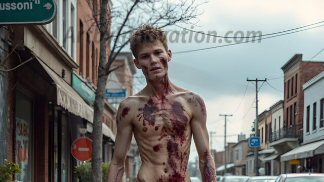 Twinkapocalypse, When Young Male Zombie Twinks, Attack. It's a zombie apocalypse, where young, handsome, freshly turned zombies, still handsome, and even sexy, wonder the city streets, looking for brains to eat. There are cars on fire, trash everywhere, chaos is in the amidst. A young man, covered with blood, dirty, with messy hair, with pale grey skin, dark circles around his eyes, and black lips, walking down a main city street. In this post-apocalyptic city, doing the classic, zombie walk, his head slightly tilted, mouth slightly opened, moaning, brains.