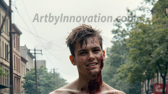 Twinkapocalypse, When Young Male Zombie Twinks, Attack. It's a zombie apocalypse, where young, handsome, freshly turned zombies, still handsome, and even sexy, wonder the city streets, looking for brains to eat. There are cars on fire, trash everywhere, chaos is in the amidst. A young man, covered with blood, dirty, with messy hair, with pale grey skin, dark circles around his eyes, and black lips, walking down a main city street. In this post-apocalyptic city, doing the classic, zombie walk, his head slightly tilted, mouth slightly opened, moaning, brains.