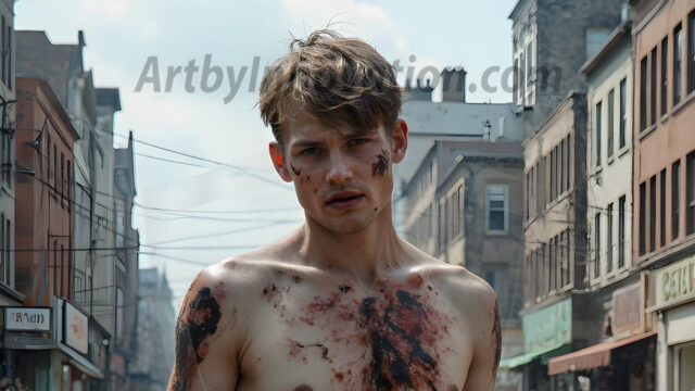 Twinkapocalypse, When Young Male Zombie Twinks, Attack. It's a zombie apocalypse, where young, handsome, freshly turned zombies, still handsome, and even sexy, wonder the city streets, looking for brains to eat. There are cars on fire, trash everywhere, chaos is in the amidst. A young man, covered with blood, dirty, with messy hair, with pale grey skin, dark circles around his eyes, and black lips, walking down a main city street. In this post-apocalyptic city, doing the classic, zombie walk, his head slightly tilted, mouth slightly opened, moaning, brains.