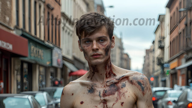 Twinkapocalypse, When Young Male Zombie Twinks, Attack. It's a zombie apocalypse, where young, handsome, freshly turned zombies, still handsome, and even sexy, wonder the city streets, looking for brains to eat. There are cars on fire, trash everywhere, chaos is in the amidst. A young man, covered with blood, dirty, with messy hair, with pale grey skin, dark circles around his eyes, and black lips, walking down a main city street. In this post-apocalyptic city, doing the classic, zombie walk, his head slightly tilted, mouth slightly opened, moaning, brains.