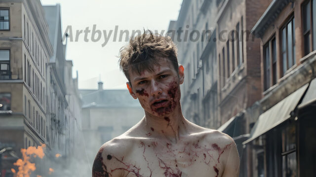 Twinkapocalypse, When Young Male Zombie Twinks, Attack. It's a zombie apocalypse, where young, handsome, freshly turned zombies, still handsome, and even sexy, wonder the city streets, looking for brains to eat. There are cars on fire, trash everywhere, chaos is in the amidst. A young man, covered with blood, dirty, with messy hair, with pale grey skin, dark circles around his eyes, and black lips, walking down a main city street. In this post-apocalyptic city, doing the classic, zombie walk, his head slightly tilted, mouth slightly opened, moaning, brains.