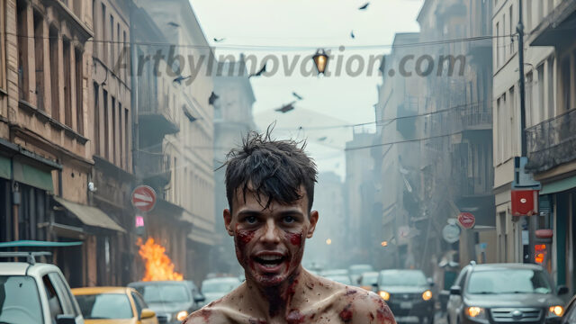 Twinkapocalypse, When Young Male Zombie Twinks, Attack. It's a zombie apocalypse, where young, handsome, freshly turned zombies, still handsome, and even sexy, wonder the city streets, looking for brains to eat. There are cars on fire, trash everywhere, chaos is in the amidst. A young man, covered with blood, dirty, with messy hair, with pale grey skin, dark circles around his eyes, and black lips, walking down a main city street. In this post-apocalyptic city, doing the classic, zombie walk, his head slightly tilted, mouth slightly opened, moaning, brains.