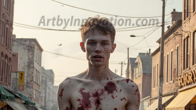 Twinkapocalypse, When Young Male Zombie Twinks, Attack. It's a zombie apocalypse, where young, handsome, freshly turned zombies, still handsome, and even sexy, wonder the city streets, looking for brains to eat. There are cars on fire, trash everywhere, chaos is in the amidst. A young man, covered with blood, dirty, with messy hair, with pale grey skin, dark circles around his eyes, and black lips, walking down a main city street. In this post-apocalyptic city, doing the classic, zombie walk, his head slightly tilted, mouth slightly opened, moaning, brains.