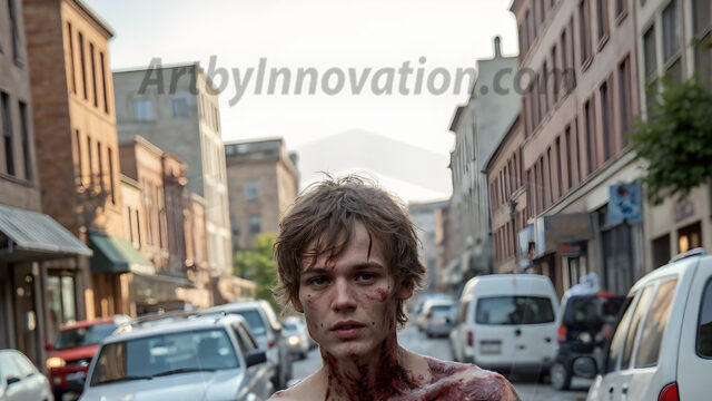 Twinkapocalypse, When Young Male Zombie Twinks, Attack. It's a zombie apocalypse, where young, handsome, freshly turned zombies, still handsome, and even sexy, wonder the city streets, looking for brains to eat. There are cars on fire, trash everywhere, chaos is in the amidst. A young man, covered with blood, dirty, with messy hair, with pale grey skin, dark circles around his eyes, and black lips, walking down a main city street. In this post-apocalyptic city, doing the classic, zombie walk, his head slightly tilted, mouth slightly opened, moaning, brains.