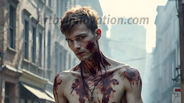 Twinkapocalypse, When Young Male Zombie Twinks, Attack. It's a zombie apocalypse, where young, handsome, freshly turned zombies, still handsome, and even sexy, wonder the city streets, looking for brains to eat. There are cars on fire, trash everywhere, chaos is in the amidst. A young man, covered with blood, dirty, with messy hair, with pale grey skin, dark circles around his eyes, and black lips, walking down a main city street. In this post-apocalyptic city, doing the classic, zombie walk, his head slightly tilted, mouth slightly opened, moaning, brains.