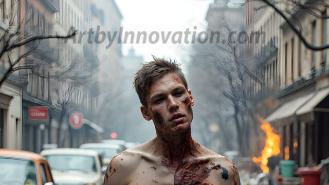 Twinkapocalypse, When Young Male Zombie Twinks, Attack. It's a zombie apocalypse, where young, handsome, freshly turned zombies, still handsome, and even sexy, wonder the city streets, looking for brains to eat. There are cars on fire, trash everywhere, chaos is in the amidst. A young man, covered with blood, dirty, with messy hair, with pale grey skin, dark circles around his eyes, and black lips, walking down a main city street. In this post-apocalyptic city, doing the classic, zombie walk, his head slightly tilted, mouth slightly opened, moaning, brains.