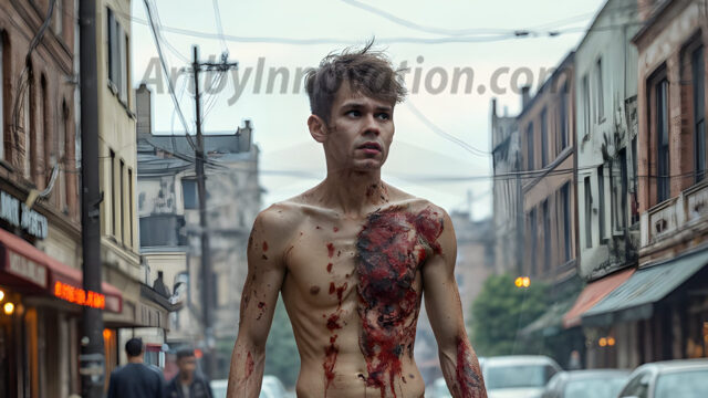 Twinkapocalypse, When Young Male Zombie Twinks, Attack. It's a zombie apocalypse, where young, handsome, freshly turned zombies, still handsome, and even sexy, wonder the city streets, looking for brains to eat. There are cars on fire, trash everywhere, chaos is in the amidst. A young man, covered with blood, dirty, with messy hair, with pale grey skin, dark circles around his eyes, and black lips, walking down a main city street. In this post-apocalyptic city, doing the classic, zombie walk, his head slightly tilted, mouth slightly opened, moaning, brains.