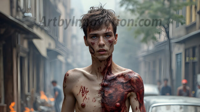 Twinkapocalypse, When Young Male Zombie Twinks, Attack. It's a zombie apocalypse, where young, handsome, freshly turned zombies, still handsome, and even sexy, wonder the city streets, looking for brains to eat. There are cars on fire, trash everywhere, chaos is in the amidst. A young man, covered with blood, dirty, with messy hair, with pale grey skin, dark circles around his eyes, and black lips, walking down a main city street. In this post-apocalyptic city, doing the classic, zombie walk, his head slightly tilted, mouth slightly opened, moaning, brains.