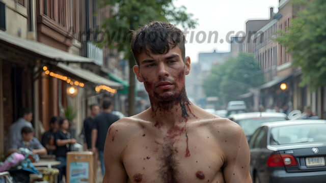 Twinkapocalypse, When Young Male Zombie Twinks, Attack. It's a zombie apocalypse, where young, handsome, freshly turned zombies, still handsome, and even sexy, wonder the city streets, looking for brains to eat. There are cars on fire, trash everywhere, chaos is in the amidst. A young man, covered with blood, dirty, with messy hair, with pale grey skin, dark circles around his eyes, and black lips, walking down a main city street. In this post-apocalyptic city, doing the classic, zombie walk, his head slightly tilted, mouth slightly opened, moaning, brains.