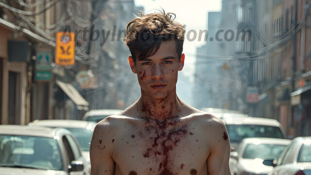 Twinkapocalypse, When Young Male Zombie Twinks, Attack. It's a zombie apocalypse, where young, handsome, freshly turned zombies, still handsome, and even sexy, wonder the city streets, looking for brains to eat. There are cars on fire, trash everywhere, chaos is in the amidst. A young man, covered with blood, dirty, with messy hair, with pale grey skin, dark circles around his eyes, and black lips, walking down a main city street. In this post-apocalyptic city, doing the classic, zombie walk, his head slightly tilted, mouth slightly opened, moaning, brains.