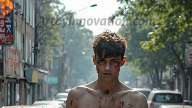 Twinkapocalypse, When Young Male Zombie Twinks, Attack. It's a zombie apocalypse, where young, handsome, freshly turned zombies, still handsome, and even sexy, wonder the city streets, looking for brains to eat. There are cars on fire, trash everywhere, chaos is in the amidst. A young man, covered with blood, dirty, with messy hair, with pale grey skin, dark circles around his eyes, and black lips, walking down a main city street. In this post-apocalyptic city, doing the classic, zombie walk, his head slightly tilted, mouth slightly opened, moaning, brains.