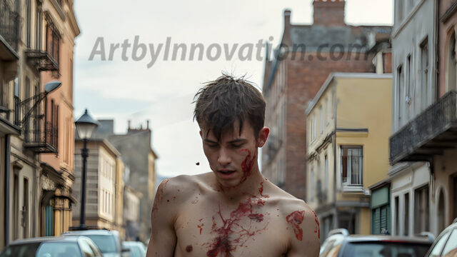 Twinkapocalypse, When Young Male Zombie Twinks, Attack. It's a zombie apocalypse, where young, handsome, freshly turned zombies, still handsome, and even sexy, wonder the city streets, looking for brains to eat. There are cars on fire, trash everywhere, chaos is in the amidst. A young man, covered with blood, dirty, with messy hair, with pale grey skin, dark circles around his eyes, and black lips, walking down a main city street. In this post-apocalyptic city, doing the classic, zombie walk, his head slightly tilted, mouth slightly opened, moaning, brains.