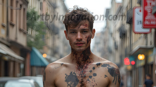 Twinkapocalypse, When Young Male Zombie Twinks, Attack. It's a zombie apocalypse, where young, handsome, freshly turned zombies, still handsome, and even sexy, wonder the city streets, looking for brains to eat. There are cars on fire, trash everywhere, chaos is in the amidst. A young man, covered with blood, dirty, with messy hair, with pale grey skin, dark circles around his eyes, and black lips, walking down a main city street. In this post-apocalyptic city, doing the classic, zombie walk, his head slightly tilted, mouth slightly opened, moaning, brains.