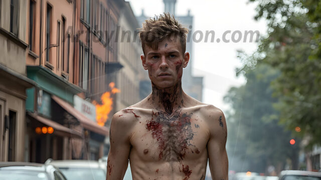 Twinkapocalypse, When Young Male Zombie Twinks, Attack. It's a zombie apocalypse, where young, handsome, freshly turned zombies, still handsome, and even sexy, wonder the city streets, looking for brains to eat. There are cars on fire, trash everywhere, chaos is in the amidst. A young man, covered with blood, dirty, with messy hair, with pale grey skin, dark circles around his eyes, and black lips, walking down a main city street. In this post-apocalyptic city, doing the classic, zombie walk, his head slightly tilted, mouth slightly opened, moaning, brains.