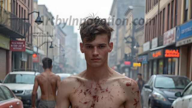 Twinkapocalypse, When Young Male Zombie Twinks, Attack. It's a zombie apocalypse, where young, handsome, freshly turned zombies, still handsome, and even sexy, wonder the city streets, looking for brains to eat. There are cars on fire, trash everywhere, chaos is in the amidst. A young man, covered with blood, dirty, with messy hair, with pale grey skin, dark circles around his eyes, and black lips, walking down a main city street. In this post-apocalyptic city, doing the classic, zombie walk, his head slightly tilted, mouth slightly opened, moaning, brains.