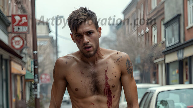 Twinkapocalypse, When Young Male Zombie Twinks, Attack. It's a zombie apocalypse, where young, handsome, freshly turned zombies, still handsome, and even sexy, wonder the city streets, looking for brains to eat. There are cars on fire, trash everywhere, chaos is in the amidst. A young man, covered with blood, dirty, with messy hair, with pale grey skin, dark circles around his eyes, and black lips, walking down a main city street. In this post-apocalyptic city, doing the classic, zombie walk, his head slightly tilted, mouth slightly opened, moaning, brains.