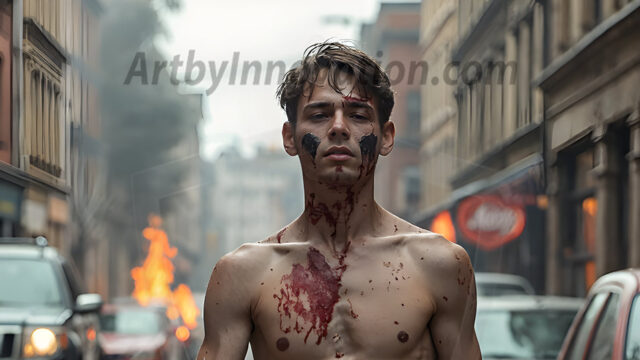 Twinkapocalypse, When Young Male Zombie Twinks, Attack. It's a zombie apocalypse, where young, handsome, freshly turned zombies, still handsome, and even sexy, wonder the city streets, looking for brains to eat. There are cars on fire, trash everywhere, chaos is in the amidst. A young man, covered with blood, dirty, with messy hair, with pale grey skin, dark circles around his eyes, and black lips, walking down a main city street. In this post-apocalyptic city, doing the classic, zombie walk, his head slightly tilted, mouth slightly opened, moaning, brains.