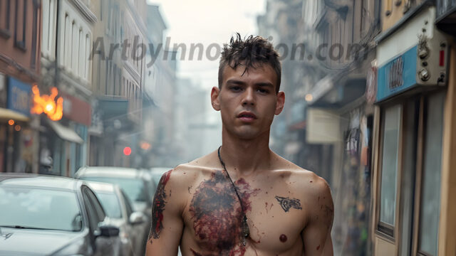 Twinkapocalypse, When Young Male Zombie Twinks, Attack. It's a zombie apocalypse, where young, handsome, freshly turned zombies, still handsome, and even sexy, wonder the city streets, looking for brains to eat. There are cars on fire, trash everywhere, chaos is in the amidst. A young man, covered with blood, dirty, with messy hair, with pale grey skin, dark circles around his eyes, and black lips, walking down a main city street. In this post-apocalyptic city, doing the classic, zombie walk, his head slightly tilted, mouth slightly opened, moaning, brains.