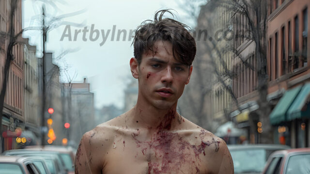 Twinkapocalypse, When Young Male Zombie Twinks, Attack. It's a zombie apocalypse, where young, handsome, freshly turned zombies, still handsome, and even sexy, wonder the city streets, looking for brains to eat. There are cars on fire, trash everywhere, chaos is in the amidst. A young man, covered with blood, dirty, with messy hair, with pale grey skin, dark circles around his eyes, and black lips, walking down a main city street. In this post-apocalyptic city, doing the classic, zombie walk, his head slightly tilted, mouth slightly opened, moaning, brains.