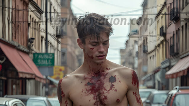 Twinkapocalypse, When Young Male Zombie Twinks, Attack. It's a zombie apocalypse, where young, handsome, freshly turned zombies, still handsome, and even sexy, wonder the city streets, looking for brains to eat. There are cars on fire, trash everywhere, chaos is in the amidst. A young man, covered with blood, dirty, with messy hair, with pale grey skin, dark circles around his eyes, and black lips, walking down a main city street. In this post-apocalyptic city, doing the classic, zombie walk, his head slightly tilted, mouth slightly opened, moaning, brains.