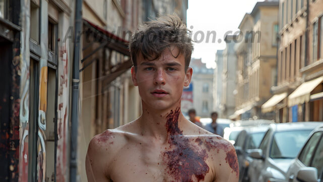 Twinkapocalypse, When Young Male Zombie Twinks, Attack. It's a zombie apocalypse, where young, handsome, freshly turned zombies, still handsome, and even sexy, wonder the city streets, looking for brains to eat. There are cars on fire, trash everywhere, chaos is in the amidst. A young man, covered with blood, dirty, with messy hair, with pale grey skin, dark circles around his eyes, and black lips, walking down a main city street. In this post-apocalyptic city, doing the classic, zombie walk, his head slightly tilted, mouth slightly opened, moaning, brains.