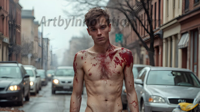 Twinkapocalypse, When Young Male Zombie Twinks, Attack. It's a zombie apocalypse, where young, handsome, freshly turned zombies, still handsome, and even sexy, wonder the city streets, looking for brains to eat. There are cars on fire, trash everywhere, chaos is in the amidst. A young man, covered with blood, dirty, with messy hair, with pale grey skin, dark circles around his eyes, and black lips, walking down a main city street. In this post-apocalyptic city, doing the classic, zombie walk, his head slightly tilted, mouth slightly opened, moaning, brains.