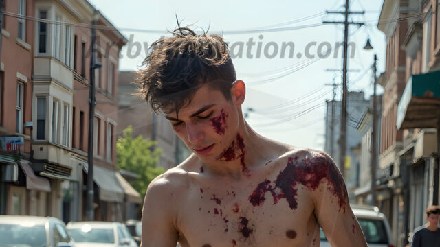 Twinkapocalypse, When Young Male Zombie Twinks, Attack. It's a zombie apocalypse, where young, handsome, freshly turned zombies, still handsome, and even sexy, wonder the city streets, looking for brains to eat. There are cars on fire, trash everywhere, chaos is in the amidst. A young man, covered with blood, dirty, with messy hair, with pale grey skin, dark circles around his eyes, and black lips, walking down a main city street. In this post-apocalyptic city, doing the classic, zombie walk, his head slightly tilted, mouth slightly opened, moaning, brains.