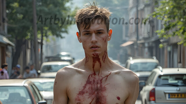 Twinkapocalypse, When Young Male Zombie Twinks, Attack. It's a zombie apocalypse, where young, handsome, freshly turned zombies, still handsome, and even sexy, wonder the city streets, looking for brains to eat. There are cars on fire, trash everywhere, chaos is in the amidst. A young man, covered with blood, dirty, with messy hair, with pale grey skin, dark circles around his eyes, and black lips, walking down a main city street. In this post-apocalyptic city, doing the classic, zombie walk, his head slightly tilted, mouth slightly opened, moaning, brains.