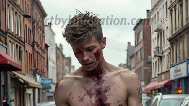 Twinkapocalypse, When Young Male Zombie Twinks, Attack. It's a zombie apocalypse, where young, handsome, freshly turned zombies, still handsome, and even sexy, wonder the city streets, looking for brains to eat. There are cars on fire, trash everywhere, chaos is in the amidst. A young man, covered with blood, dirty, with messy hair, with pale grey skin, dark circles around his eyes, and black lips, walking down a main city street. In this post-apocalyptic city, doing the classic, zombie walk, his head slightly tilted, mouth slightly opened, moaning, brains.