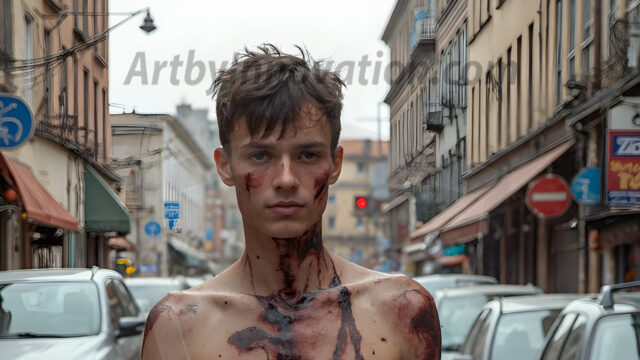 Twinkapocalypse, When Young Male Zombie Twinks, Attack. It's a zombie apocalypse, where young, handsome, freshly turned zombies, still handsome, and even sexy, wonder the city streets, looking for brains to eat. There are cars on fire, trash everywhere, chaos is in the amidst. A young man, covered with blood, dirty, with messy hair, with pale grey skin, dark circles around his eyes, and black lips, walking down a main city street. In this post-apocalyptic city, doing the classic, zombie walk, his head slightly tilted, mouth slightly opened, moaning, brains.