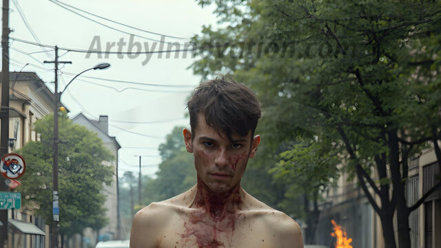 Twinkapocalypse, When Young Male Zombie Twinks, Attack. It's a zombie apocalypse, where young, handsome, freshly turned zombies, still handsome, and even sexy, wonder the city streets, looking for brains to eat. There are cars on fire, trash everywhere, chaos is in the amidst. A young man, covered with blood, dirty, with messy hair, with pale grey skin, dark circles around his eyes, and black lips, walking down a main city street. In this post-apocalyptic city, doing the classic, zombie walk, his head slightly tilted, mouth slightly opened, moaning, brains.