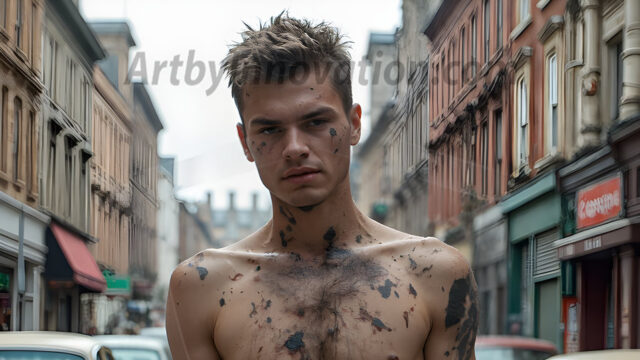 Twinkapocalypse, When Young Male Zombie Twinks, Attack. It's a zombie apocalypse, where young, handsome, freshly turned zombies, still handsome, and even sexy, wonder the city streets, looking for brains to eat. There are cars on fire, trash everywhere, chaos is in the amidst. A young man, covered with blood, dirty, with messy hair, with pale grey skin, dark circles around his eyes, and black lips, walking down a main city street. In this post-apocalyptic city, doing the classic, zombie walk, his head slightly tilted, mouth slightly opened, moaning, brains.