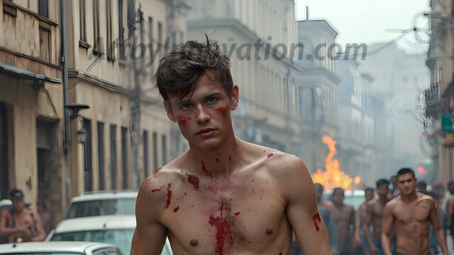 Twinkapocalypse, When Young Male Zombie Twinks, Attack. It's a zombie apocalypse, where young, handsome, freshly turned zombies, still handsome, and even sexy, wonder the city streets, looking for brains to eat. There are cars on fire, trash everywhere, chaos is in the amidst. A young man, covered with blood, dirty, with messy hair, with pale grey skin, dark circles around his eyes, and black lips, walking down a main city street. In this post-apocalyptic city, doing the classic, zombie walk, his head slightly tilted, mouth slightly opened, moaning, brains.