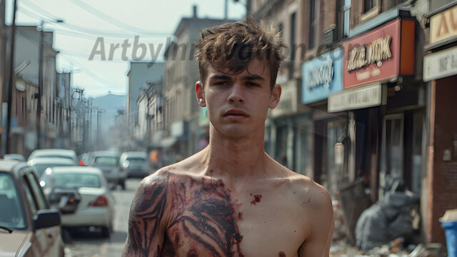 Twinkapocalypse, When Young Male Zombie Twinks, Attack. It's a zombie apocalypse, where young, handsome, freshly turned zombies, still handsome, and even sexy, wonder the city streets, looking for brains to eat. There are cars on fire, trash everywhere, chaos is in the amidst. A young man, covered with blood, dirty, with messy hair, with pale grey skin, dark circles around his eyes, and black lips, walking down a main city street. In this post-apocalyptic city, doing the classic, zombie walk, his head slightly tilted, mouth slightly opened, moaning, brains.