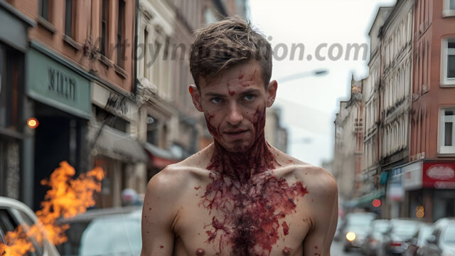 Twinkapocalypse, When Young Male Zombie Twinks, Attack. It's a zombie apocalypse, where young, handsome, freshly turned zombies, still handsome, and even sexy, wonder the city streets, looking for brains to eat. There are cars on fire, trash everywhere, chaos is in the amidst. A young man, covered with blood, dirty, with messy hair, with pale grey skin, dark circles around his eyes, and black lips, walking down a main city street. In this post-apocalyptic city, doing the classic, zombie walk, his head slightly tilted, mouth slightly opened, moaning, brains.