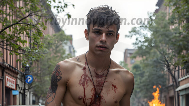 Twinkapocalypse, When Young Male Zombie Twinks, Attack. It's a zombie apocalypse, where young, handsome, freshly turned zombies, still handsome, and even sexy, wonder the city streets, looking for brains to eat. There are cars on fire, trash everywhere, chaos is in the amidst. A young man, covered with blood, dirty, with messy hair, with pale grey skin, dark circles around his eyes, and black lips, walking down a main city street. In this post-apocalyptic city, doing the classic, zombie walk, his head slightly tilted, mouth slightly opened, moaning, brains.