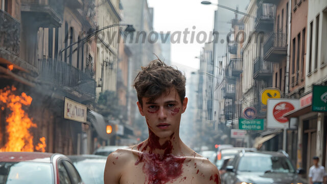 Twinkapocalypse, When Young Male Zombie Twinks, Attack. It's a zombie apocalypse, where young, handsome, freshly turned zombies, still handsome, and even sexy, wonder the city streets, looking for brains to eat. There are cars on fire, trash everywhere, chaos is in the amidst. A young man, covered with blood, dirty, with messy hair, with pale grey skin, dark circles around his eyes, and black lips, walking down a main city street. In this post-apocalyptic city, doing the classic, zombie walk, his head slightly tilted, mouth slightly opened, moaning, brains.