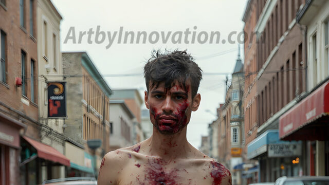 Twinkapocalypse, When Young Male Zombie Twinks, Attack. It's a zombie apocalypse, where young, handsome, freshly turned zombies, still handsome, and even sexy, wonder the city streets, looking for brains to eat. There are cars on fire, trash everywhere, chaos is in the amidst. A young man, covered with blood, dirty, with messy hair, with pale grey skin, dark circles around his eyes, and black lips, walking down a main city street. In this post-apocalyptic city, doing the classic, zombie walk, his head slightly tilted, mouth slightly opened, moaning, brains.