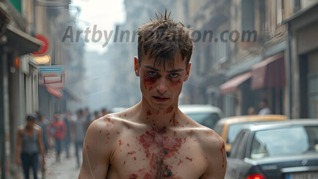 Twinkapocalypse, When Young Male Zombie Twinks, Attack. It's a zombie apocalypse, where young, handsome, freshly turned zombies, still handsome, and even sexy, wonder the city streets, looking for brains to eat. There are cars on fire, trash everywhere, chaos is in the amidst. A young man, covered with blood, dirty, with messy hair, with pale grey skin, dark circles around his eyes, and black lips, walking down a main city street. In this post-apocalyptic city, doing the classic, zombie walk, his head slightly tilted, mouth slightly opened, moaning, brains.