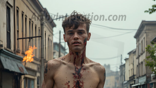 Twinkapocalypse, When Young Male Zombie Twinks, Attack. It's a zombie apocalypse, where young, handsome, freshly turned zombies, still handsome, and even sexy, wonder the city streets, looking for brains to eat. There are cars on fire, trash everywhere, chaos is in the amidst. A young man, covered with blood, dirty, with messy hair, with pale grey skin, dark circles around his eyes, and black lips, walking down a main city street. In this post-apocalyptic city, doing the classic, zombie walk, his head slightly tilted, mouth slightly opened, moaning, brains.