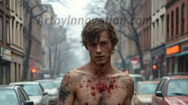 Twinkapocalypse, When Young Male Zombie Twinks, Attack. It's a zombie apocalypse, where young, handsome, freshly turned zombies, still handsome, and even sexy, wonder the city streets, looking for brains to eat. There are cars on fire, trash everywhere, chaos is in the amidst. A young man, covered with blood, dirty, with messy hair, with pale grey skin, dark circles around his eyes, and black lips, walking down a main city street. In this post-apocalyptic city, doing the classic, zombie walk, his head slightly tilted, mouth slightly opened, moaning, brains.